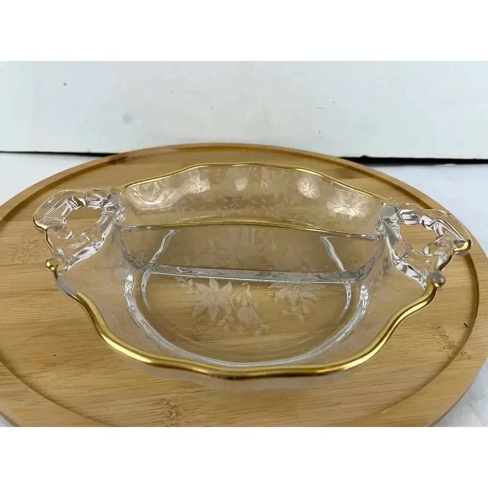 VTG Cambridge‎ Divided Handled Relish Glass Dish Wildflower Clear Gold Trim